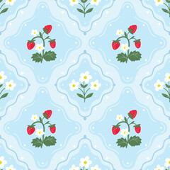 Strawberries and flowers seamless pattern, vintage spring and summer wallpaper, charming  country style background