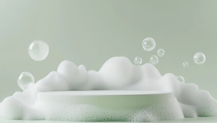 Pastel green backdrop with white foam podium and bubbles