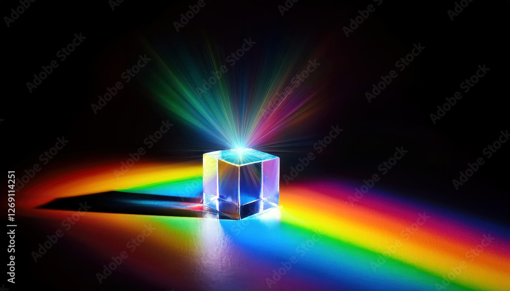 Poster light dances through a glass prism creating a brilliant spectrum of colors on the surface below