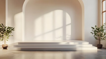 minimalist white room with steps and plants