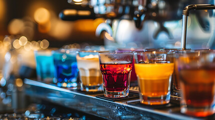 Pleasant view and gorgeously colored drinks in crystal cups arranged on an espresso counter