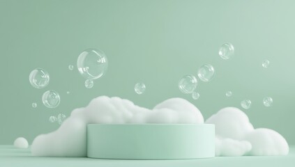 Mint green podium with soap suds and bubbles