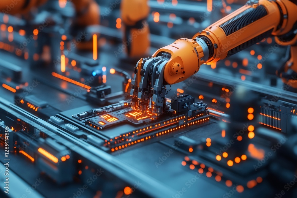 Aufkleber robotic arm assembling electronic components on circuit board in futuristic factory