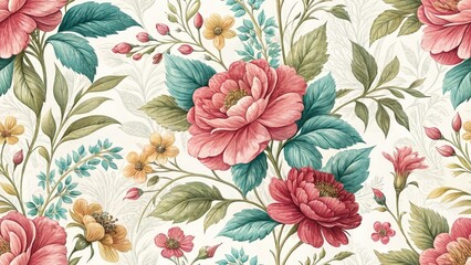 Vintage Floral Hand Painted Pattern, Antique Botanical Illustration, Retro Flower Design,  Floral Textile Print