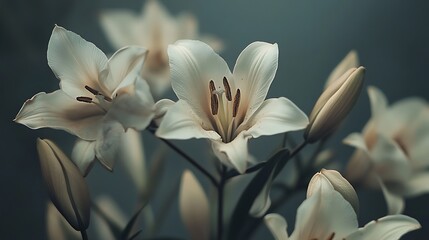 Obraz premium A close up of white lilies with a dark background