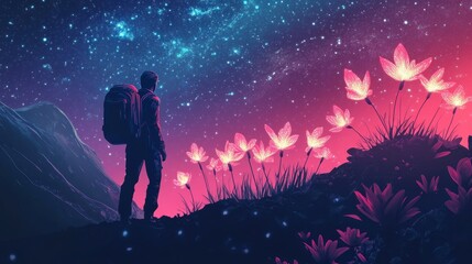 A solitary hiker stands on a vibrant hillside adorned with glowing flowers, gazing at a starry sky filled with cosmic colors, creating a serene and magical atmosphere