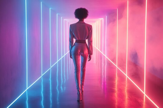 Fashion model walking in neon lit corridor, cyberpunk style