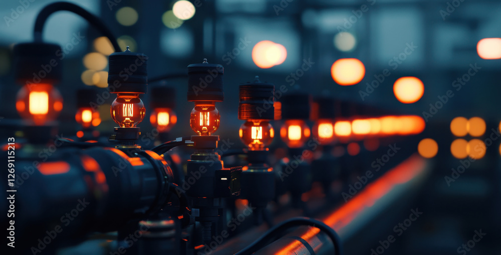 Poster rows of high-voltage subsampling equipment light up with warm indicators, showcasing industrial tech