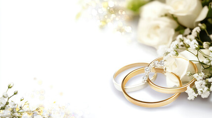 Wedding rings, white roses, festive background, invitation design