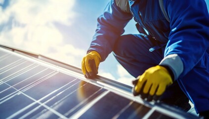 Solar Panel Installation: A Technician Carefully Working on a Rooftop Solar System
