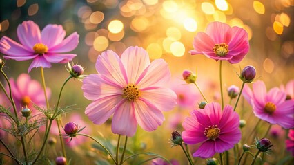 Fototapeta premium Pink Cosmos Flowers in Summer Evening with Colorful Bokeh Background