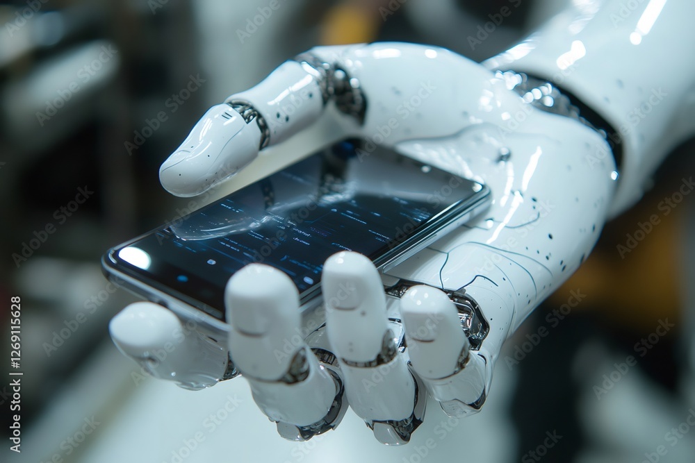Aufkleber robotic hand holding smartphone with futuristic software displaying on screen