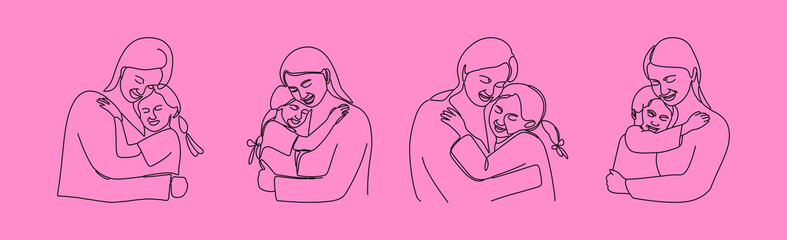 A single-line hand-drawn illustration of a loving mother hugging her child, celebrating Mother's Day.
