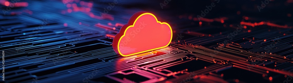 Poster neon cloud icon on digital circuit board background representing cloud computing and technology inno