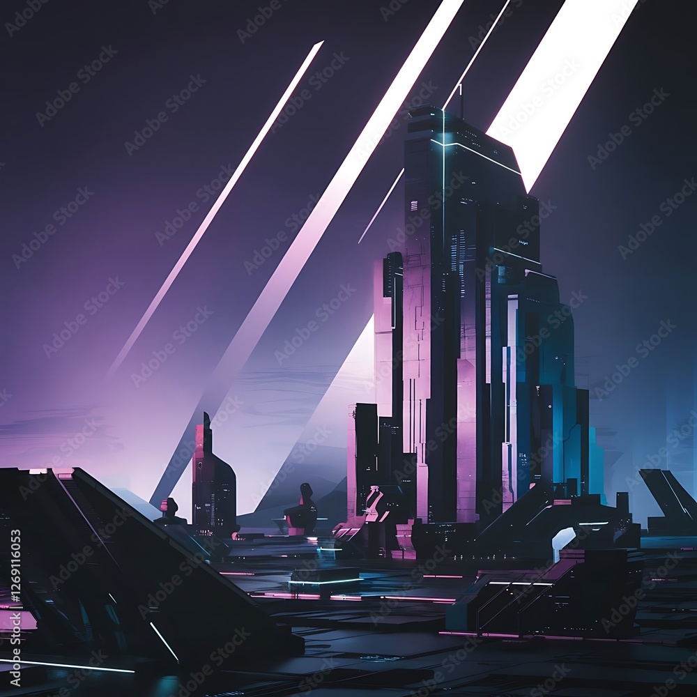 Poster futuristic cityscape illuminated by neon lights with sleek modern architecture in a moody purple and