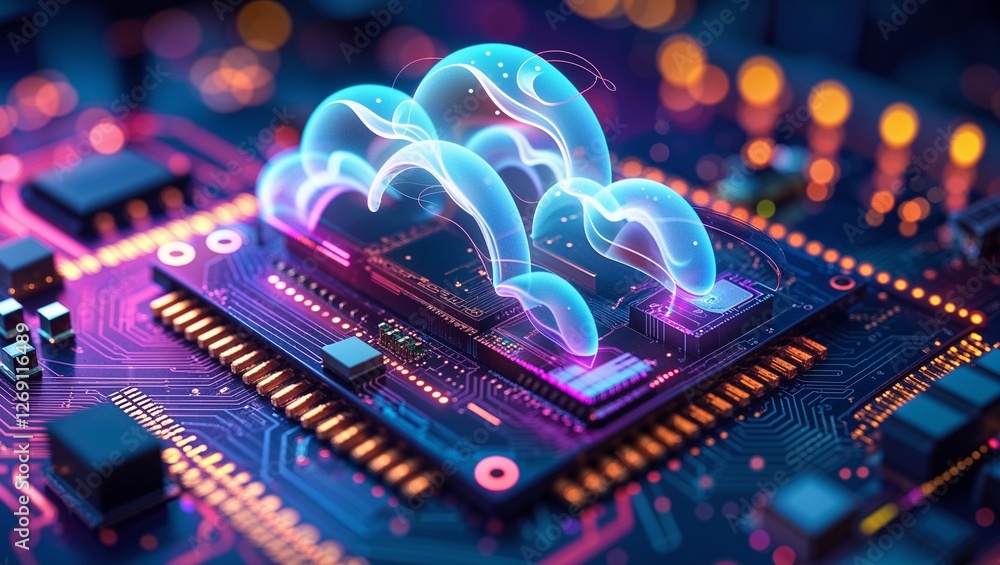 Poster a close-up of glowing red cloud icons over a blue circuit board, representing the concept of cloud c