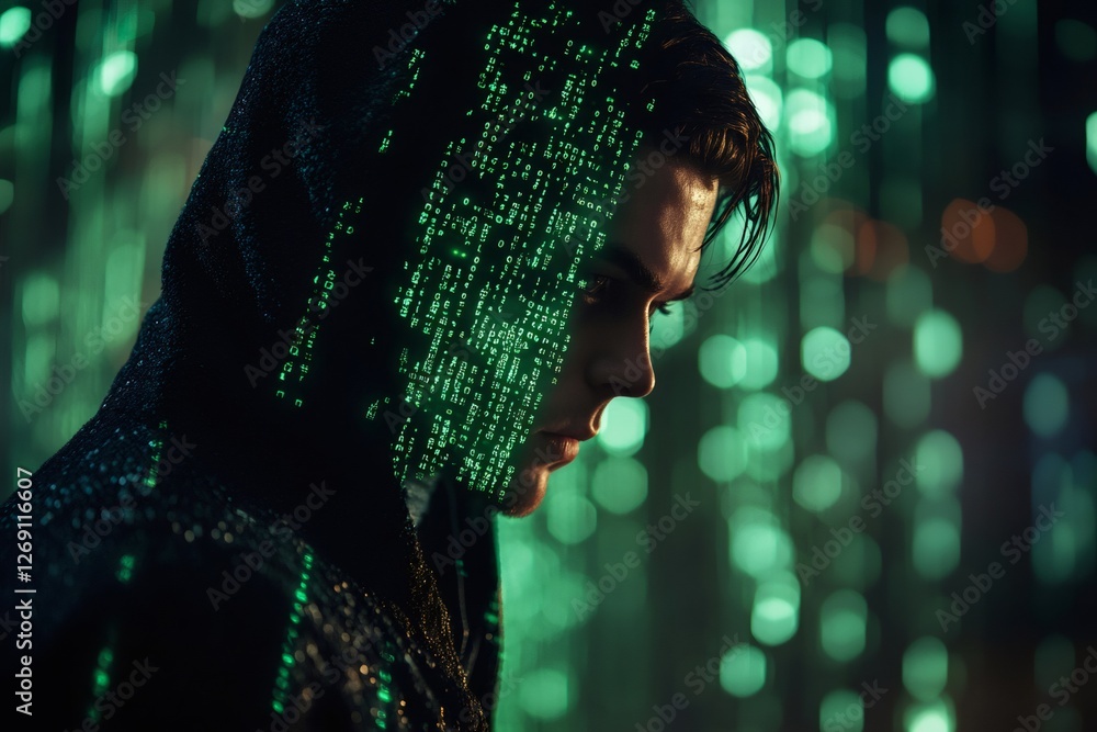 Aufkleber Hacker with green matrix code projected on face and hoodie in digital world