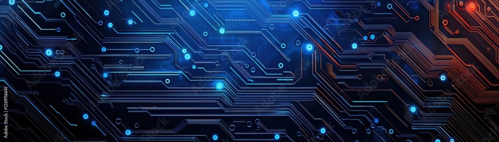 Poster abstract technology background with circuit board pattern and glowing blue lights for digital media 