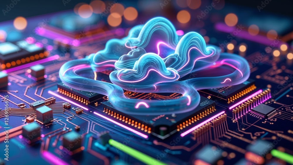 Poster ai semiconductor chip with neon effect on a tech circuit background, rendered in glowing lines with 