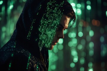Hacker with green matrix code projected on face and hoodie in digital world