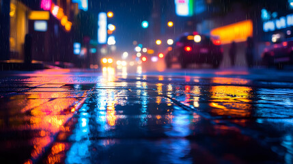 Vivid Reflection of City Lights on Rainy Evening Street Scene