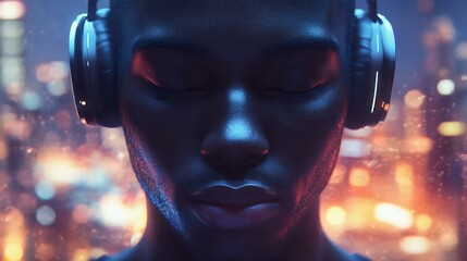 A man listening to music with headphones, eyes closed, immersed in sound against a vibrant city background, creating a mood of relaxation and focus.