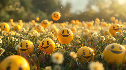 Smiley emoji balls are seen in this bright happy visualize gently bounce in an open sunny meadow