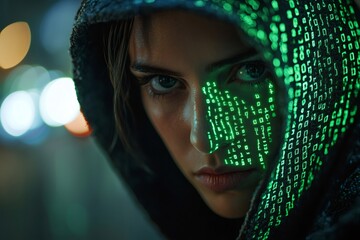 Hacker wearing hoodie with binary code projected on face at night