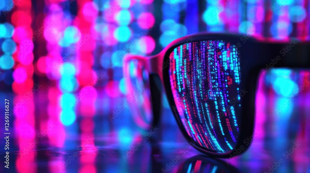Poster cyberpunk sunglasses reflecting binary code in a neon cityscape