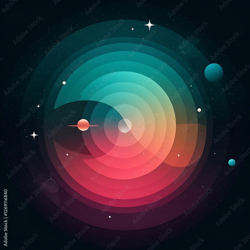 Poster abstract cosmic art with concentric circles and planets in a vibrant gradiebeautiful glowing bokeh b