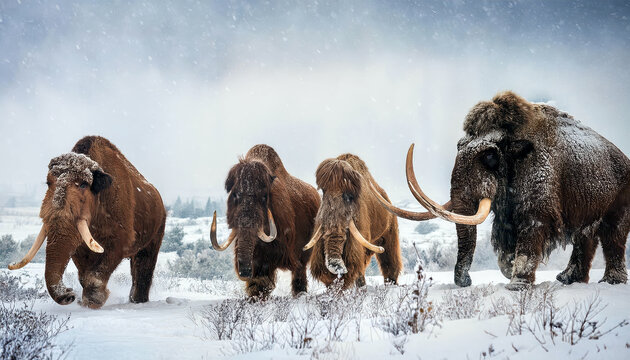 Paleolithic Hunters Pursuing Colossal Woolly Mammoths Across a Frigid Snowy Tundra Landscape - Powered by Adobe