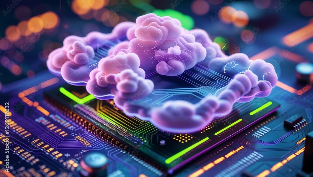 Aufkleber ai semiconductor chip with neon effect on a tech circuit background, rendered in glowing lines with 