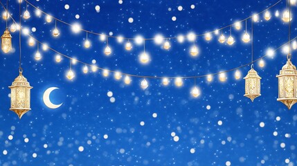 Naklejka premium A Dreamy Night Sky with Shimmering Lanterns and a Glowing Moon