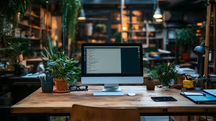 modern workspace cozy home office plants computer desk