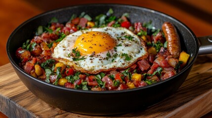 A vibrant skillet filled with vegetables, sausage, and a sunny-side-up egg.