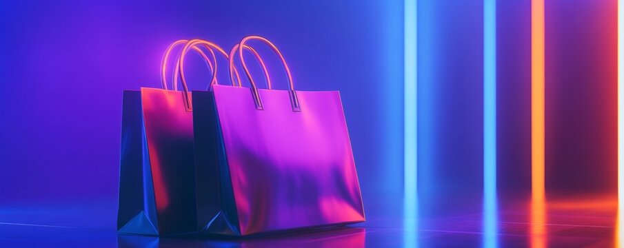 Neon-lit shopping bags on reflective floor, vibrant background, retail sale