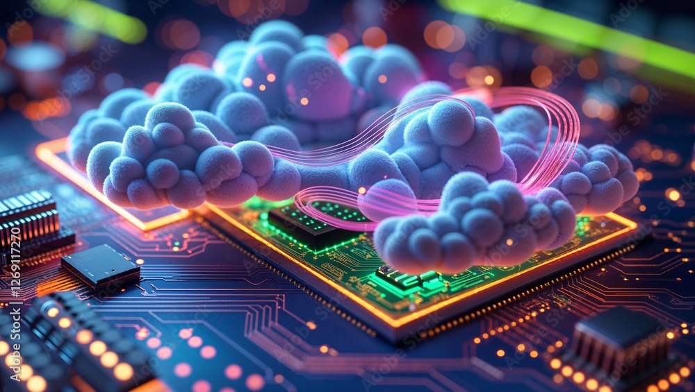 Poster ai semiconductor chip with neon effect on a tech circuit background, rendered in glowing lines with 
