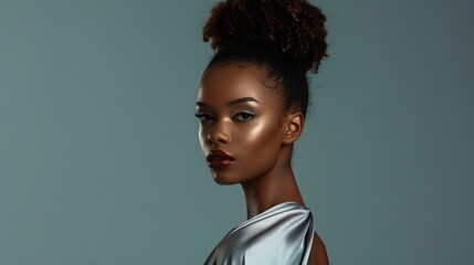 A stunning portrait of a model with a natural hairstyle, showcasing elegance and confidence against a minimalist background.