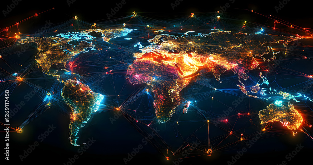 Poster glowing web of interconnected nodes spans continents, symbolizing global connectivity, digital netwo