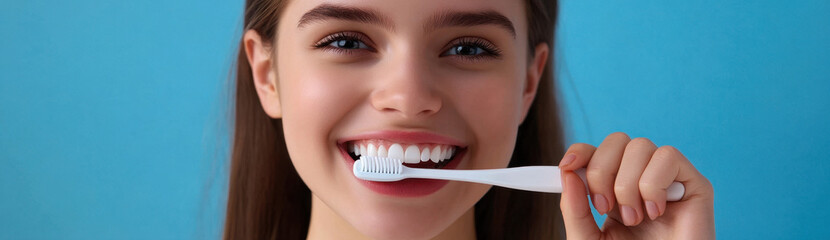 Fototapeta premium Young woman enjoys brushing her teeth with a bright smile against a vibrant blue background, highlighting personal care