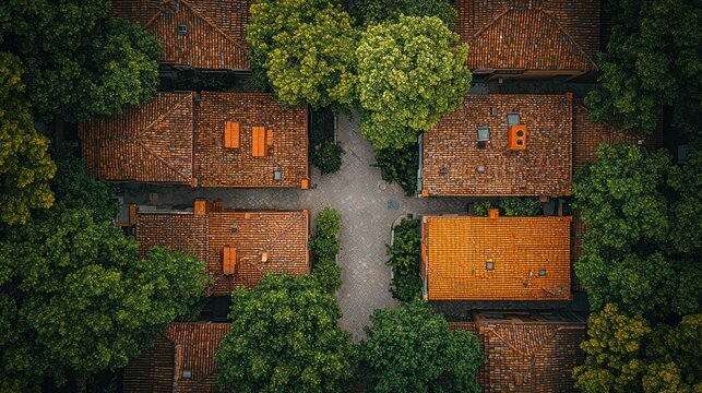 Aerial view of a village square, surrounded by lush green trees and traditional houses with terracotta roofs; perfect for travel or real estate websites
