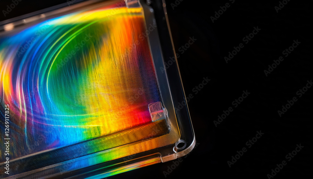 Poster captivating display of polarized light creating vibrant rainbow patterns on clear plastic