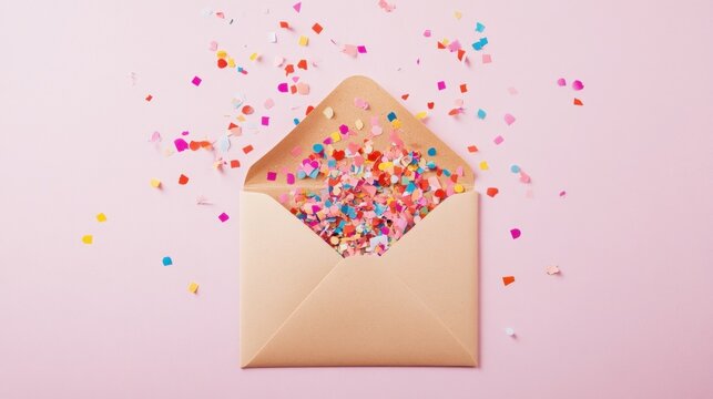 Colorful confetti bursting from envelope on pink background; celebration, greeting card design