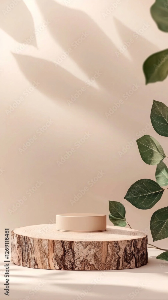 Poster a beautifully arranged display showcases a simplistic cylindrical piece atop a round wooden base. so