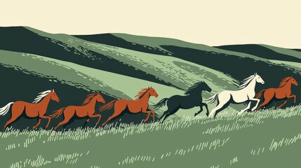 Galloping Horses Across a Green Meadow in Serene Countryside Landscape