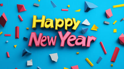 Happy New Year Celebration, Colorful Confetti and Cheerful Typography