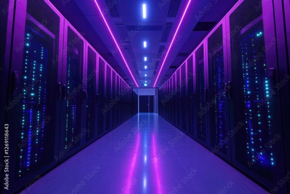 Poster server room with neon lights illuminating network hardware