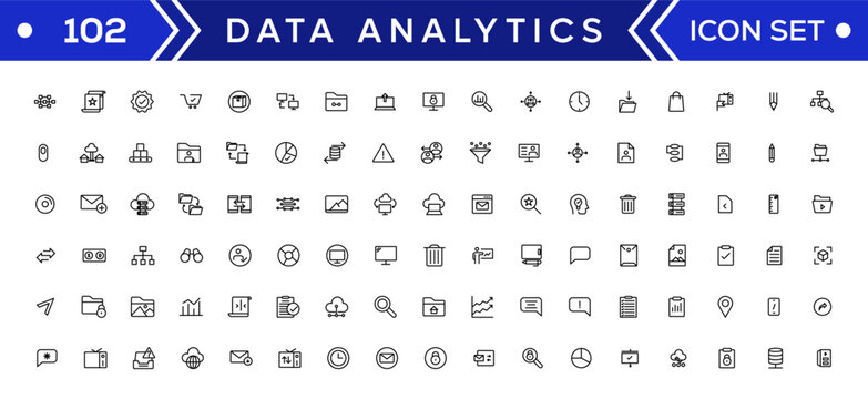 Data analysis web icon set in line style. business intelligence, data mining, Containing database, computing, data processing, research network collection, statistics, analytics, performance