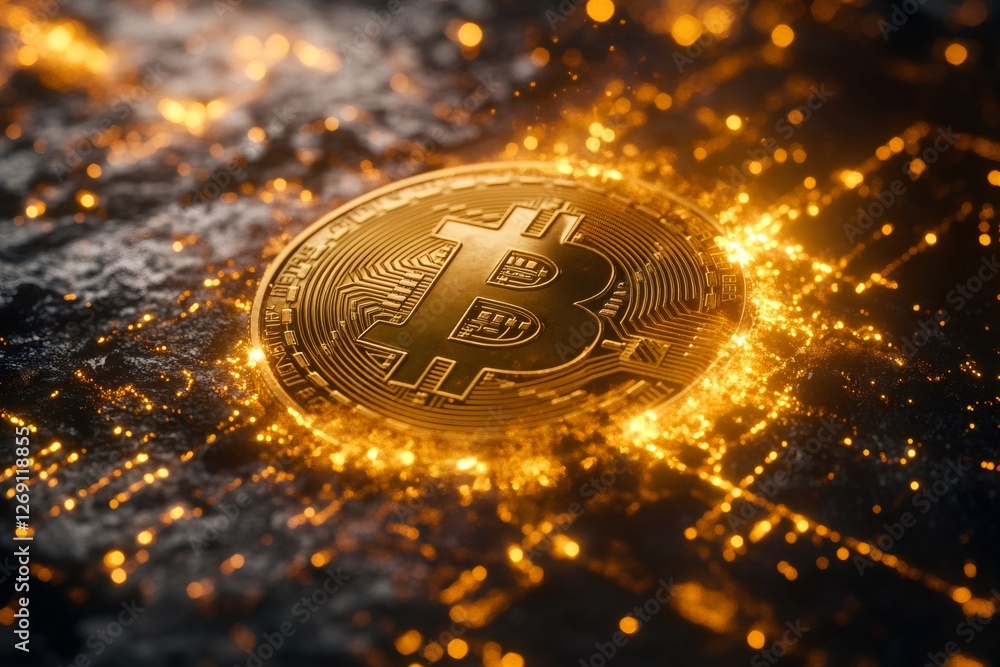 Poster golden bitcoin glowing on dark background, cryptocurrency and blockchain concept