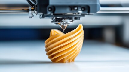 "A glowing 3D printer creating a metallic object layer by layer in a futuristic workshopphotorealistic portrait,